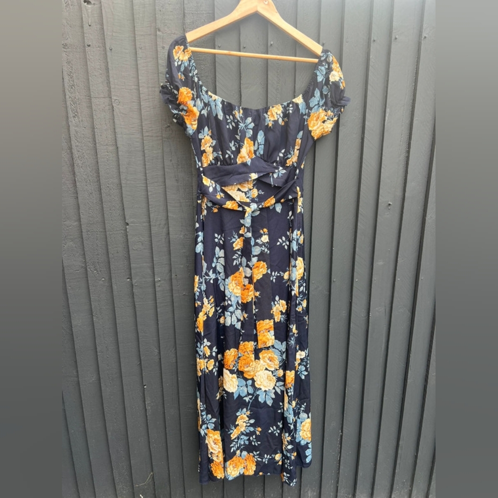 Blue mustard floral tie waist long line maxi dress